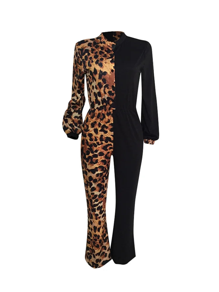 Plunge Leopard Colorblock/Solid Insert V-Neck Jumpsuit