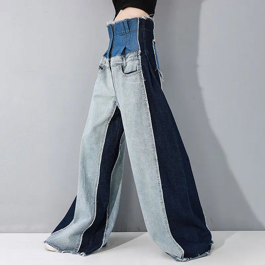 Colorblock Patchwork Blue/Black Women's High Waist Patchwork Denim Wide Leg Baggy Jeans