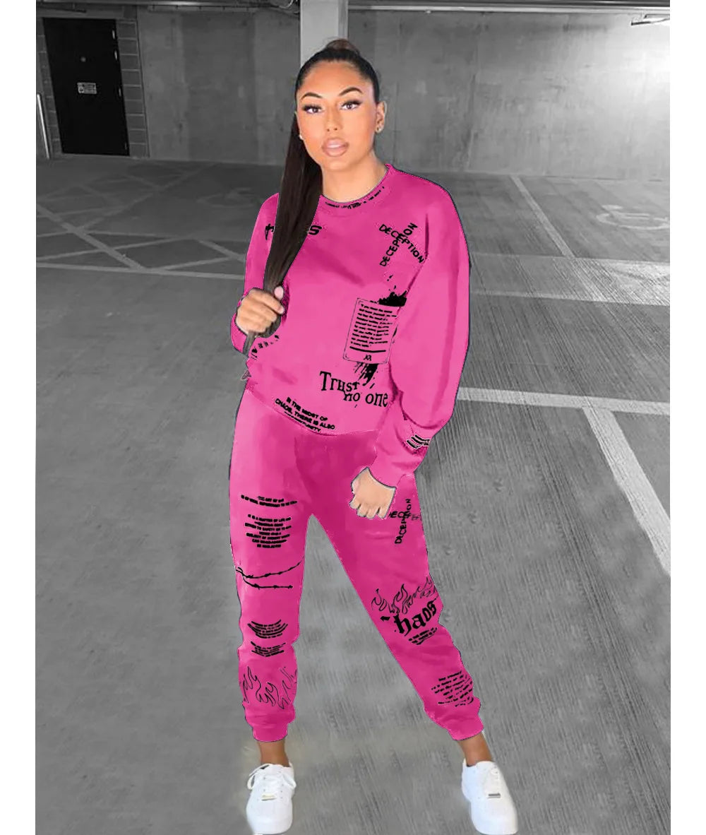 Women Tracksuit 2 Pieces Set Autumn Letter Printed Oversized Hoodies Sweatshirt Pants Suit Sweatpants Outfits Matching Sets