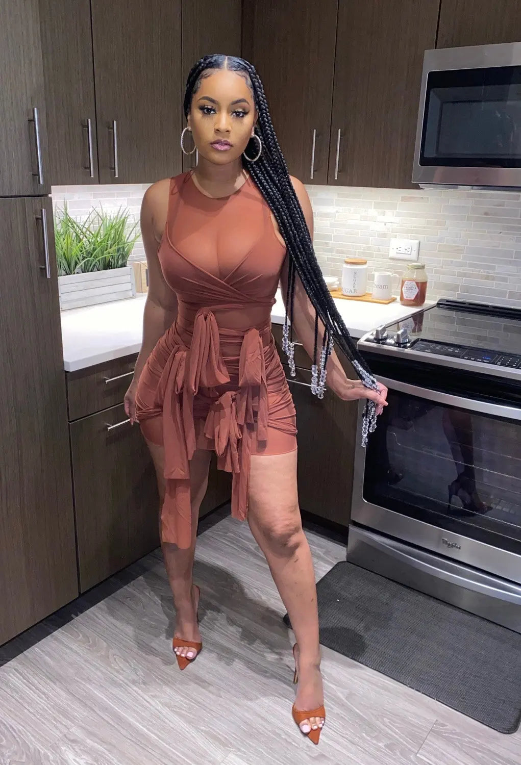 Sleeveless Bandage Criss-Cross Hollow-Out Design Transparent Mesh Mini Club Party/Prom Dress