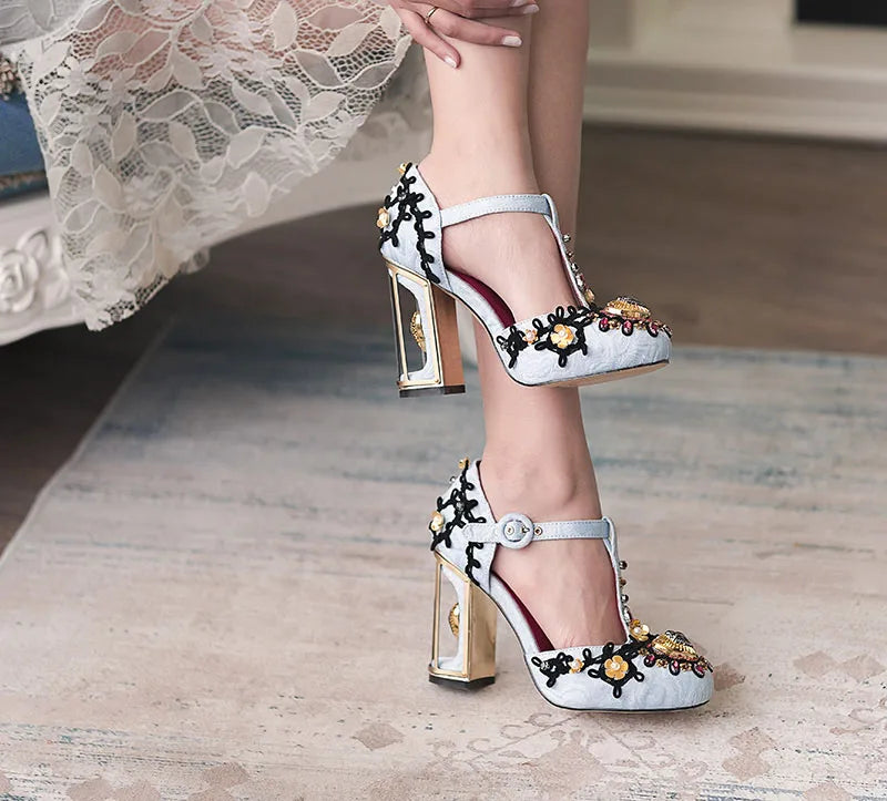 Jacquard Crystal T-Strip Rhinestone Embellished Transparent Square Heel Pumps