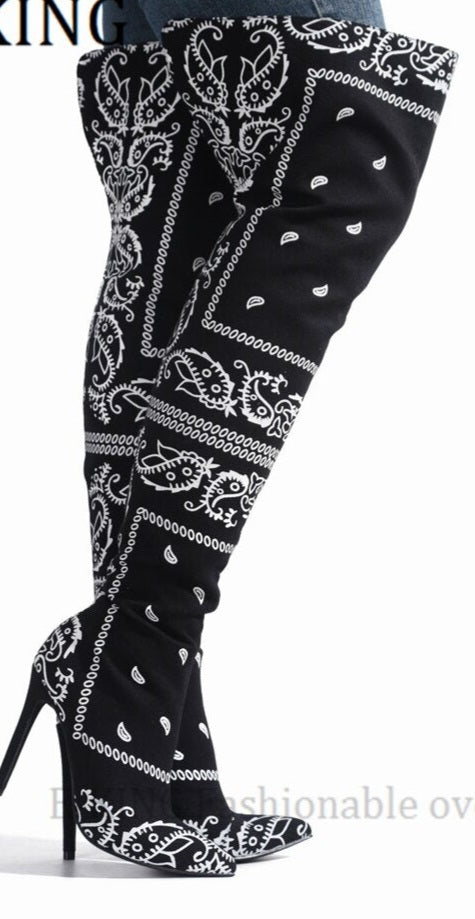 Bandana Print Women's Thigh High Over The Knee Pointed Toe Silk Boots