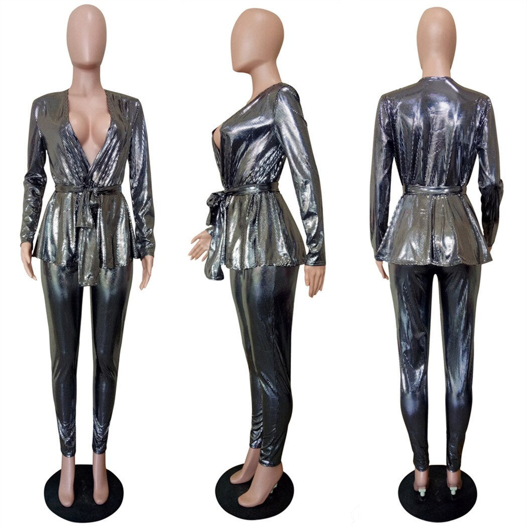 Metallic Sequin Glitter Cardigan Blazer + Pants Suit