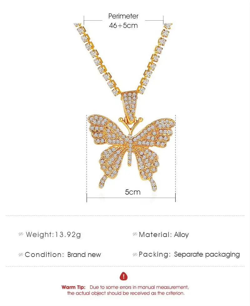 Punk Shiny Zircon Big Butterfly Pendant Necklace Hip-Hop Thick Cuban Chain