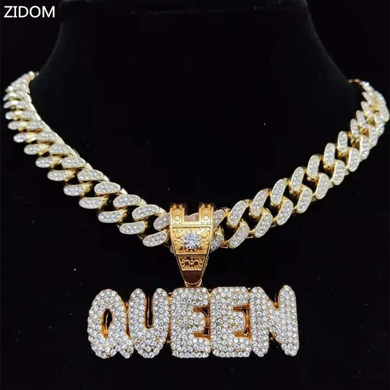 "KING" or "QUEEN" Letter Pendant Miami Cuban Iced Out Chain