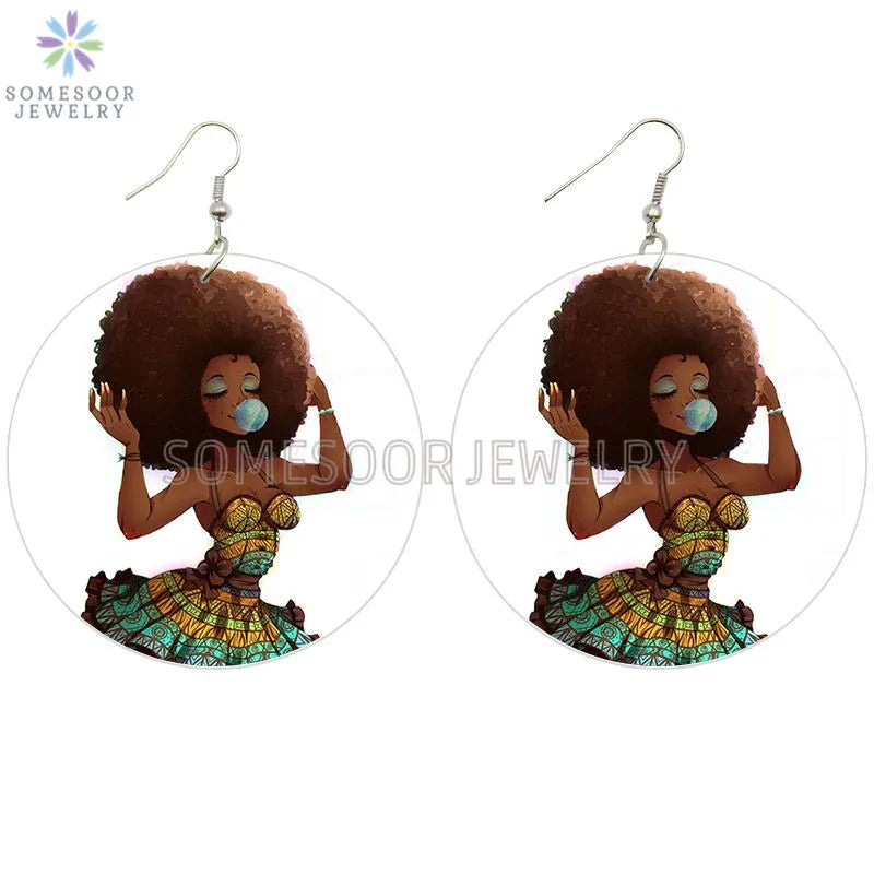 Pink Black Afro Woman Bubble Gum Print Wood Drop Earrings