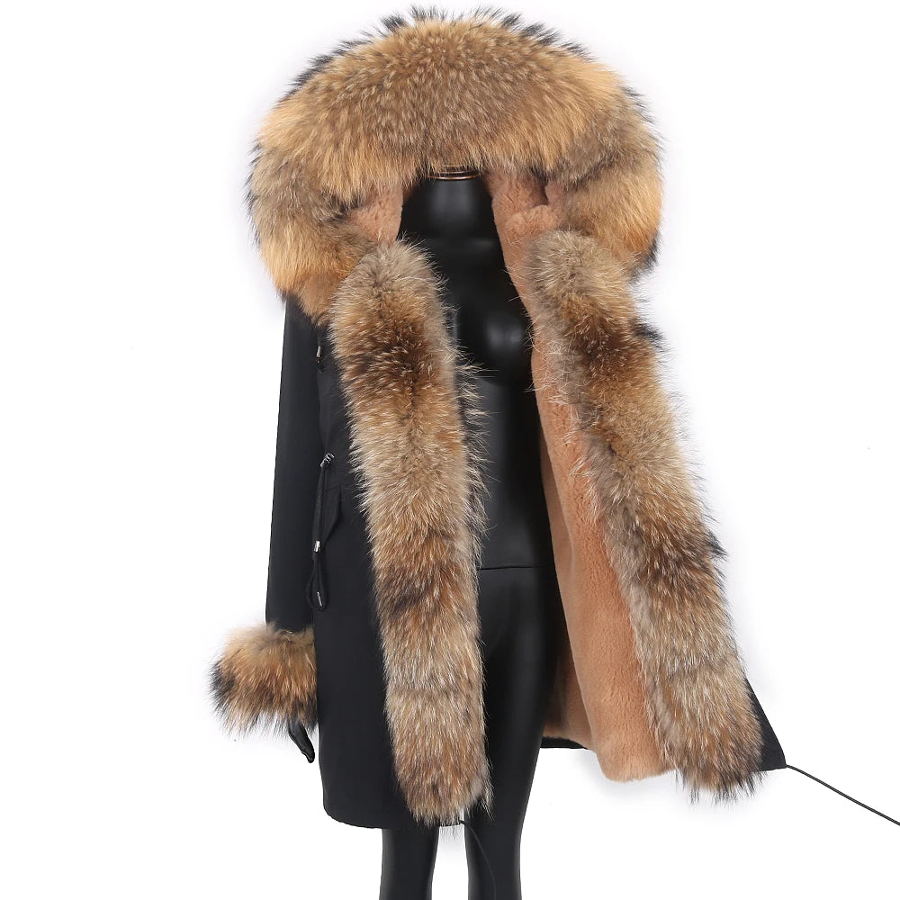 Colorblock Real Fur Oversized Collar Hip-Hop Design Women's Hooded Full Pelt Trenchcoat