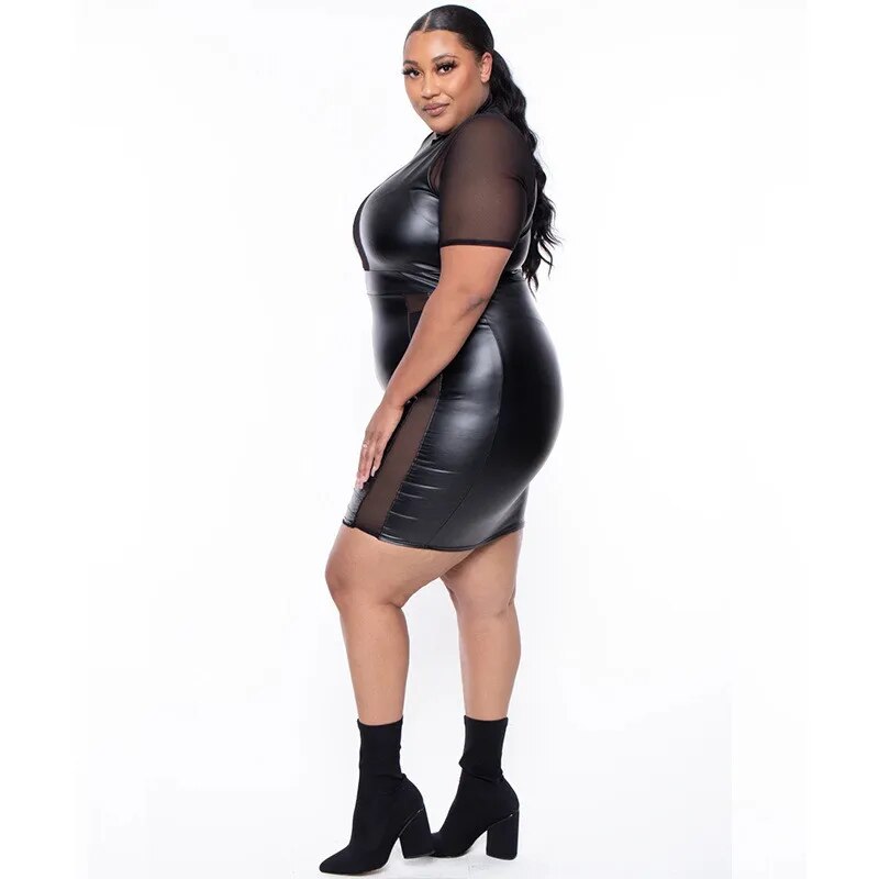 Faux Leather Black Mesh Patchwork Short Sleeve Midi Dress to 5X Plus Size