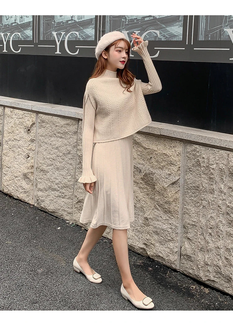 Solid Long Sleeve Pullover Sweater + Knitted Pleated Midi Skirt 2-Piece Set