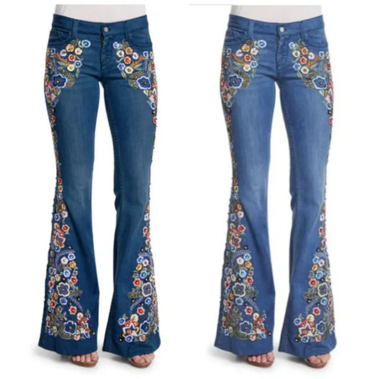 Floral Embroidered Long Flare Wide Leg Bell Bottom Denim Jeans to 4X