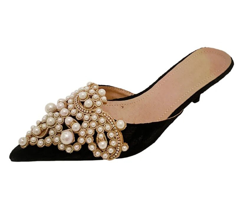 Pearl Crystal Patchwork Slip-On Thin Heel Mule Pumps