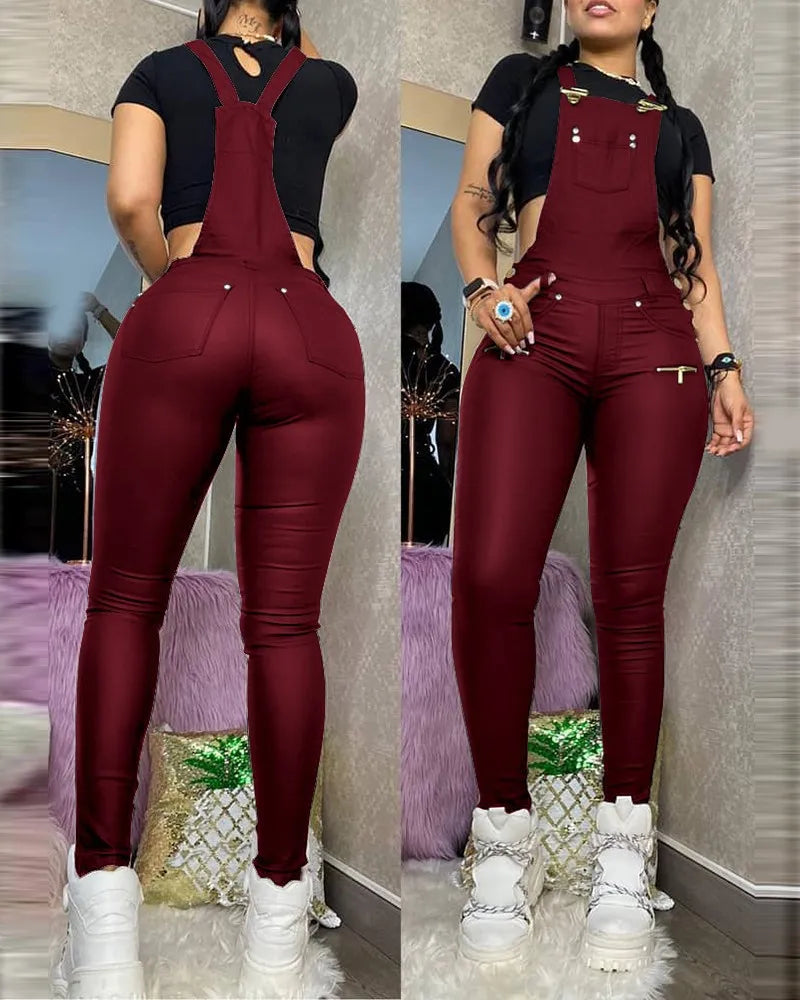 Solid PU Leather Suspender Skinny Overall Jumpsuit