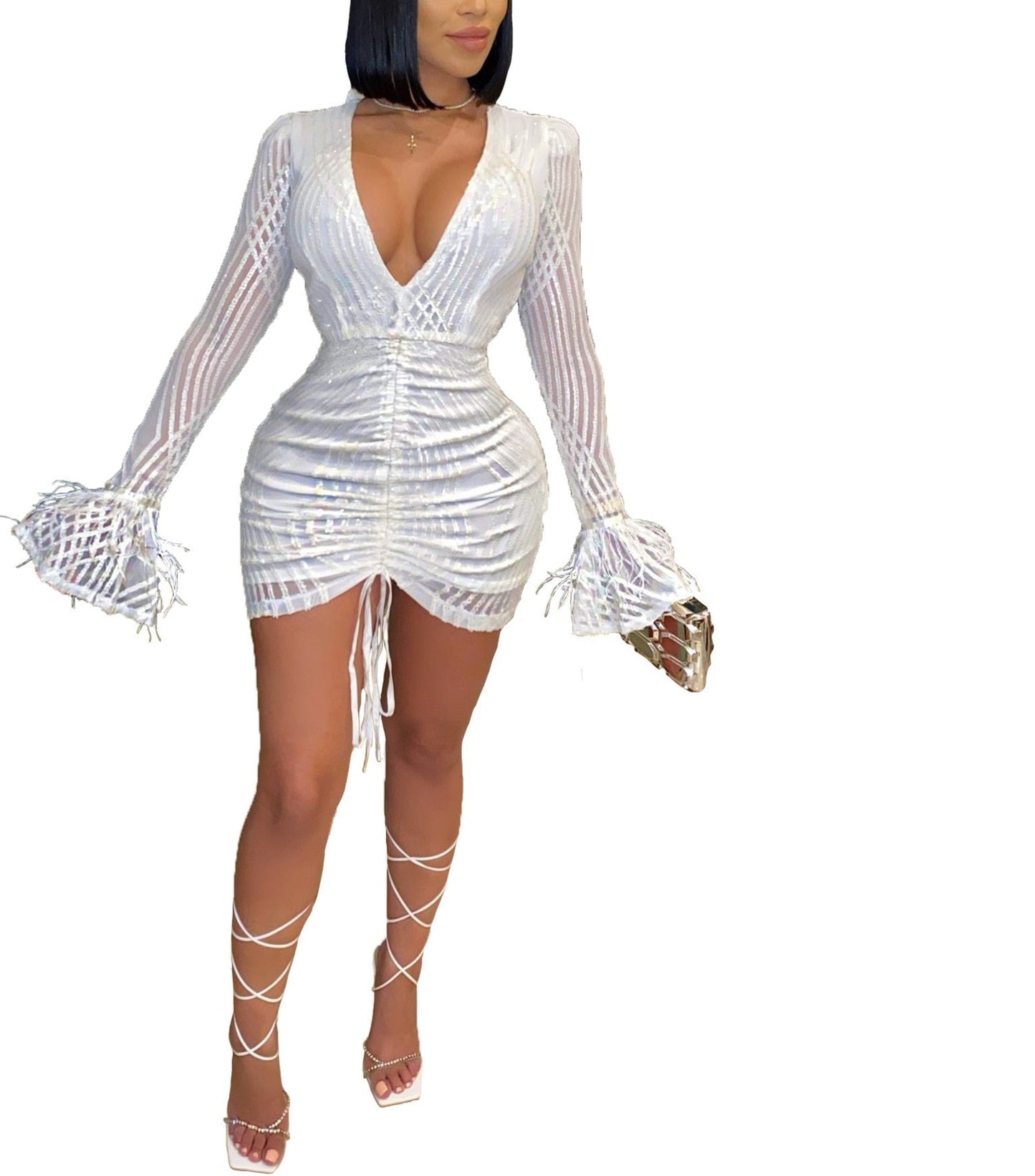 Sequined Solid Long Sleeve V-Neck Bandage Bodycon Mini Dress