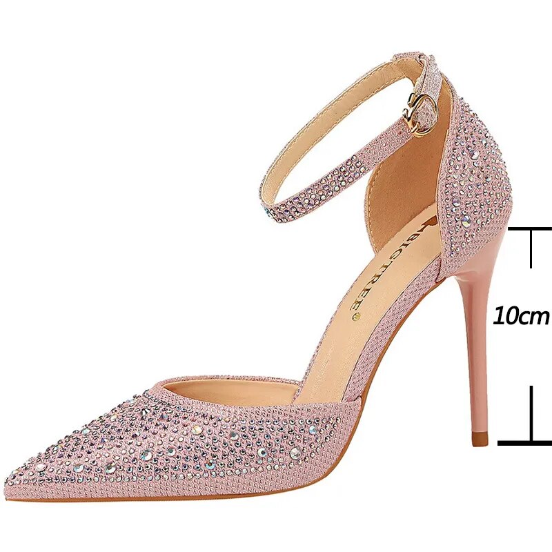 Rhinestone Sparkling Stiletto Heel Ankle Strap Sandal Pumps