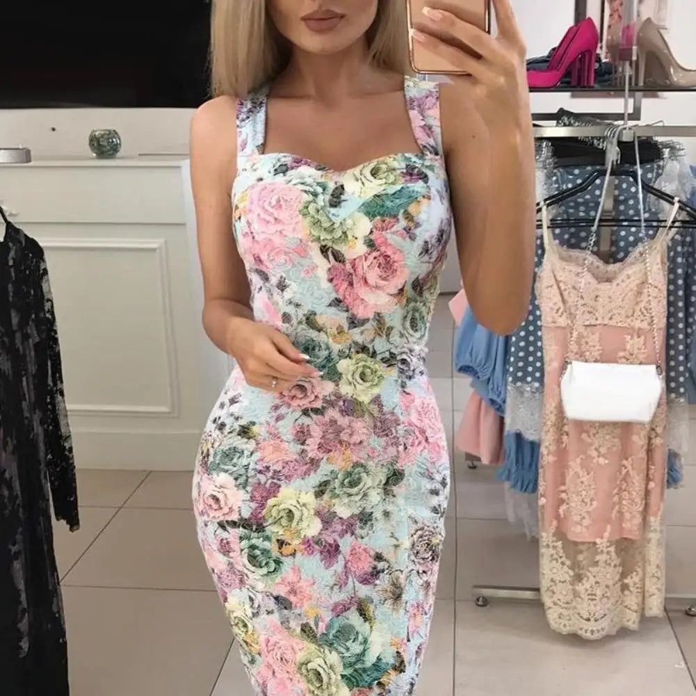 Vintage Pink Rose Flower Printed Sleeveless Bodycon Midi Dress