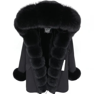 Colorblock Real Fur Oversized Collar Hip-Hop Design Women's Hooded Full Pelt Trenchcoat