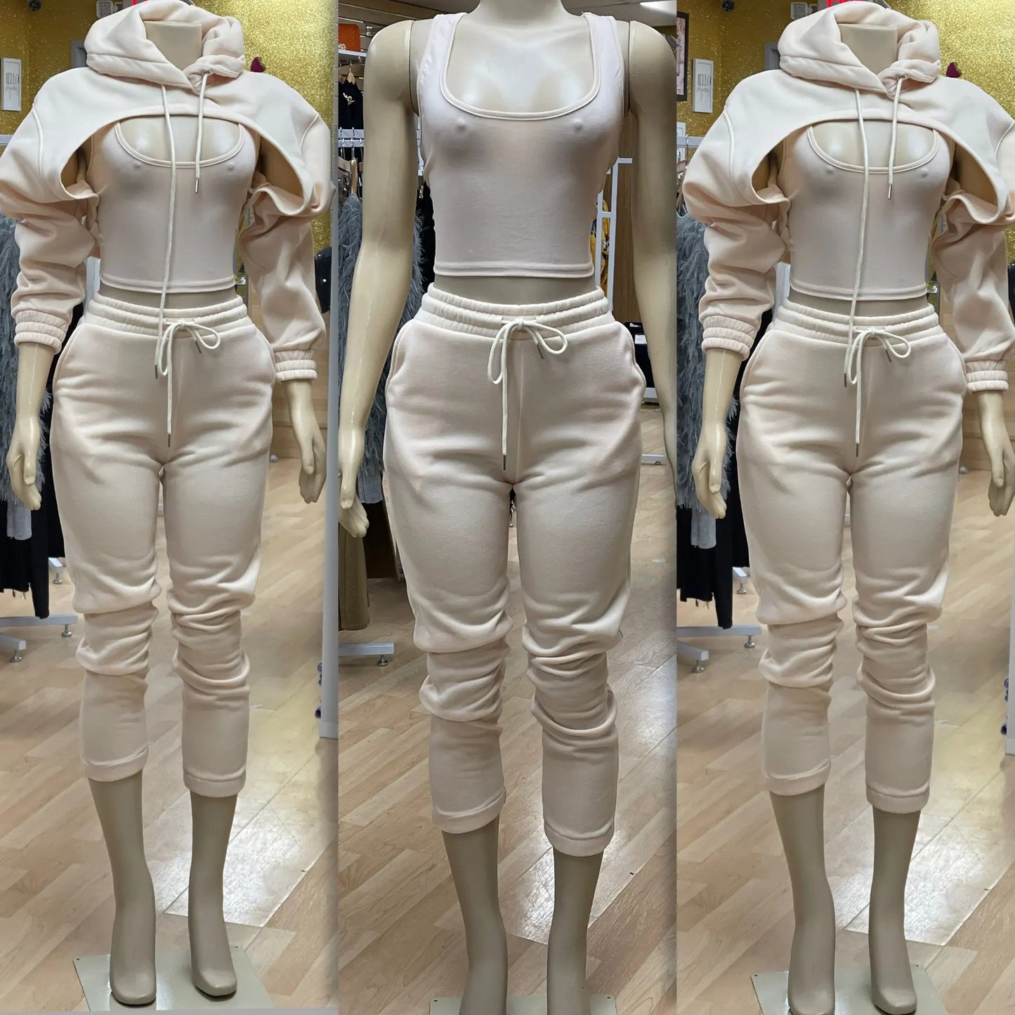 Puff Sleeve Solid Color Hollow-Out Long Sleeve Crop Hoodie w/ Vest + High Waist Jogger Sweatpants Women's Tracksuit