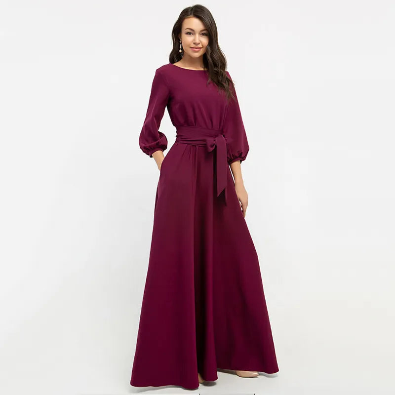 Lantern Vintage Bowtie Maxi Long Sleeve Bandage O-Neck Bohemian Floor-Length Dress