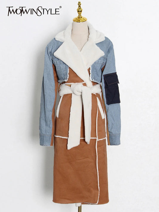 Patchwork Pockets Colorblock Lapel Loose Long Sleeve Trenchcoat