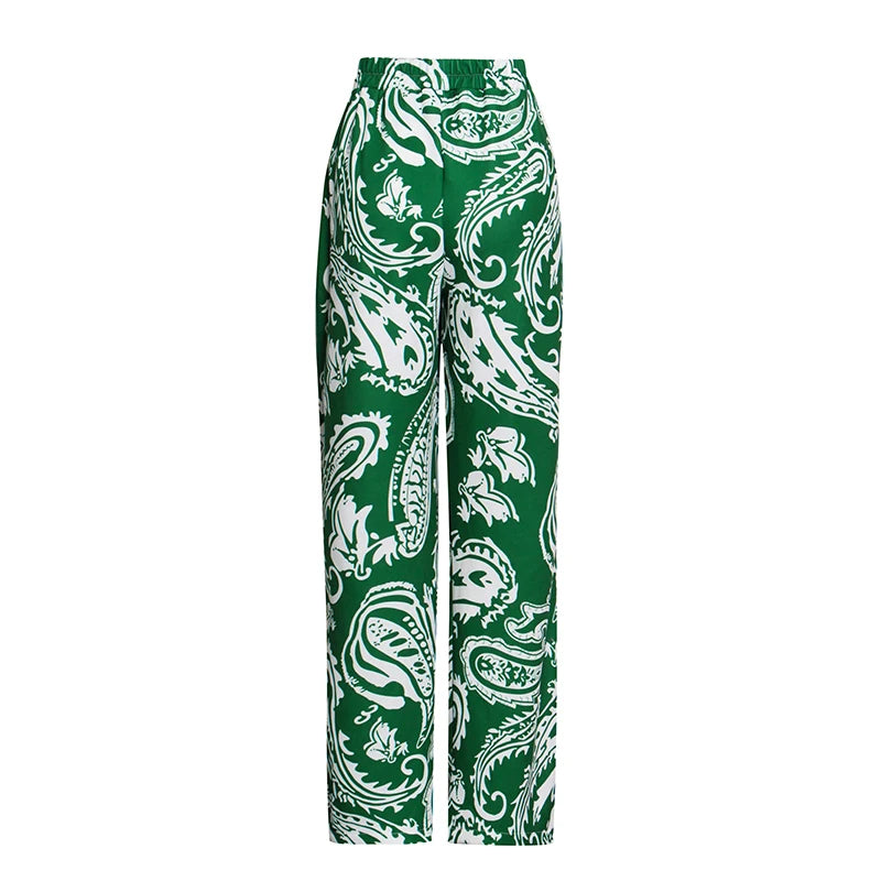 Paisley Green/White Women's Lapel Collar Puff Sleeve Blazer + High Waist Loose Pants 2-Piece Set