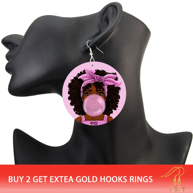 Pink Black Afro Woman Bubble Gum Print Wood Drop Earrings