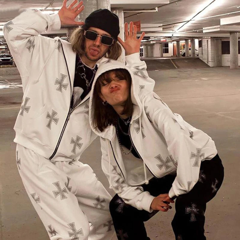 Crystal Rhinestone Cross Embroidered Print Women’s Hoodie Sweatshirt Zipper Jacket + Sweatpants Tracksuit