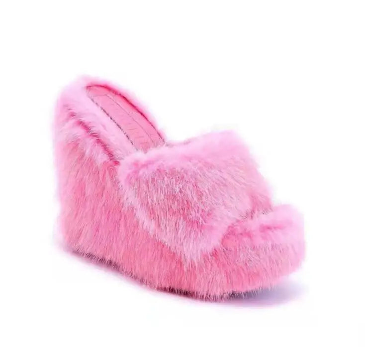 Plush Faux Fur Solid/Cowhide Round Open Toe Wedge Platform Women's Slip-On Sandals