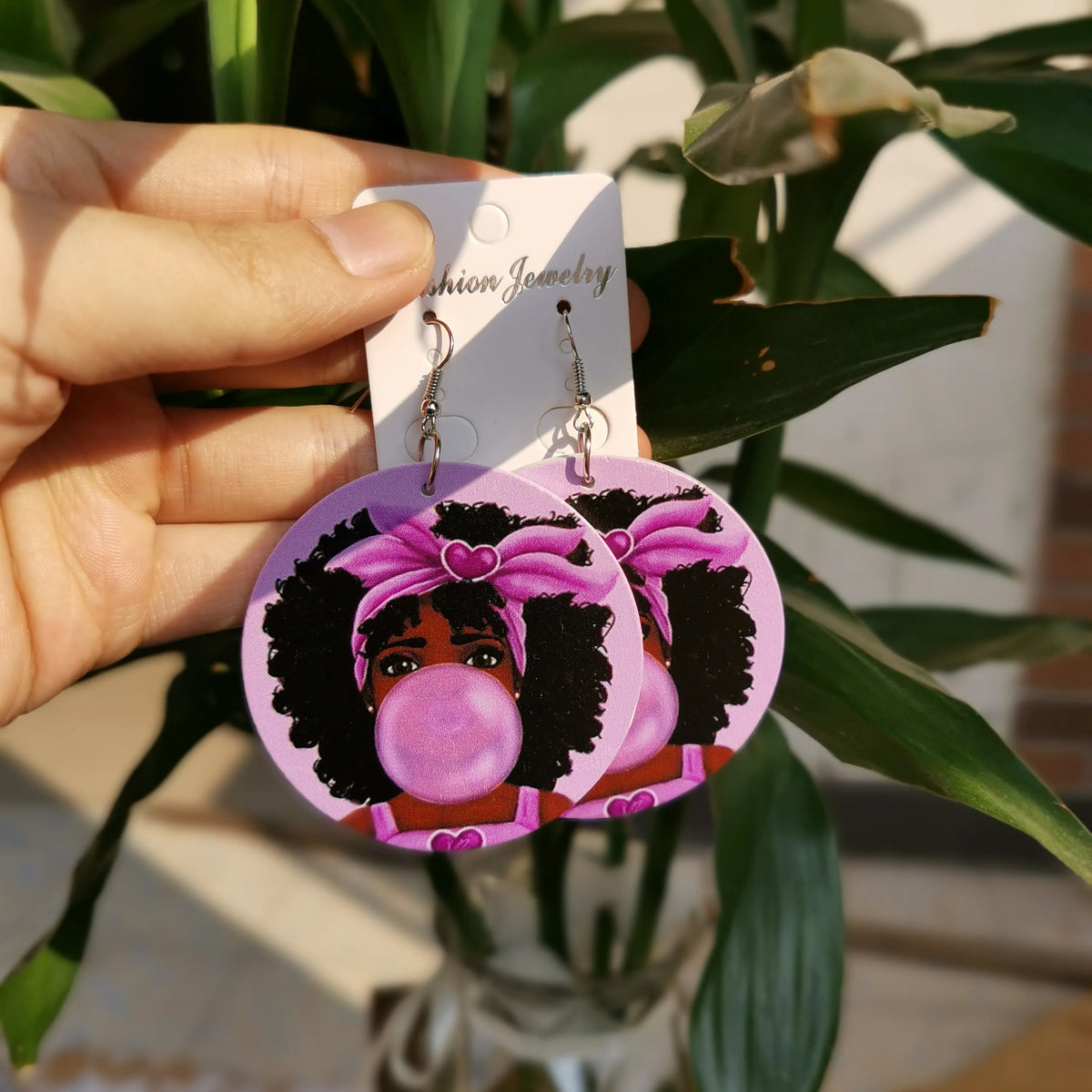 Pink Black Afro Woman Bubble Gum Print Wood Drop Earrings