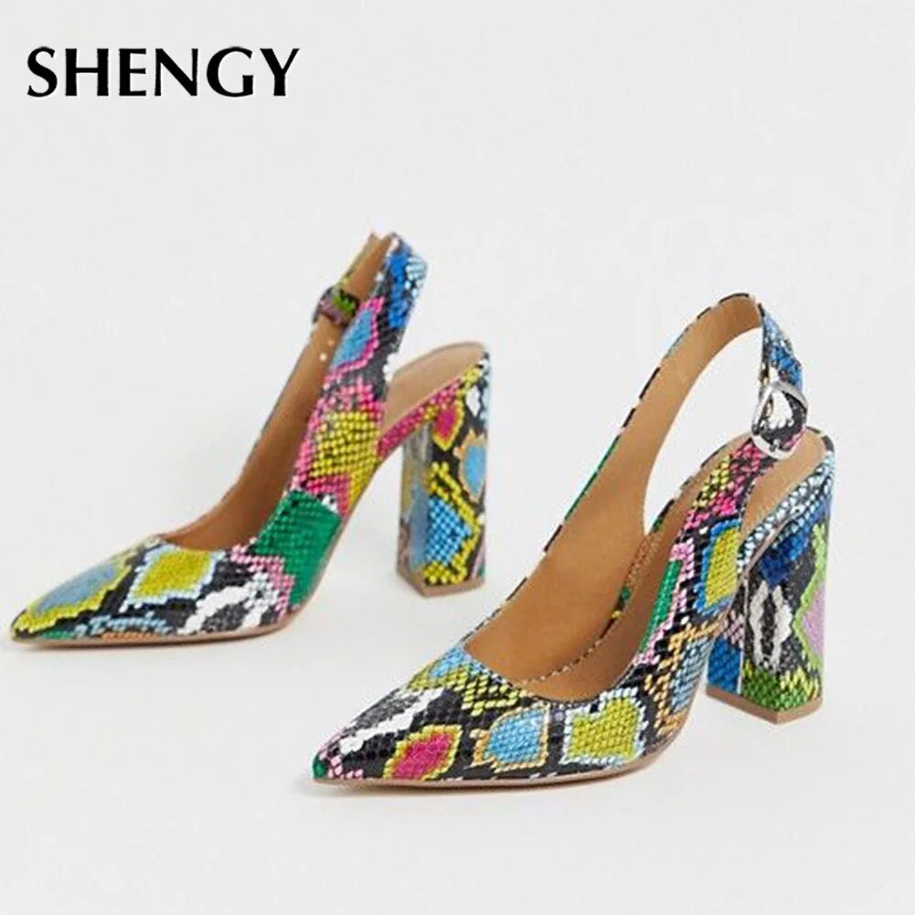 Rainbow Snake Print Slingback Mule Platform Sandal Pumps