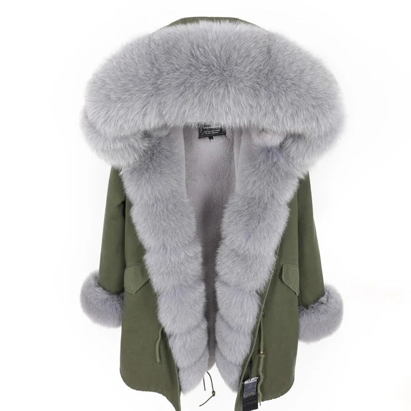 Colorblock Real Fur Oversized Collar Hip-Hop Design Women's Hooded Full Pelt Trenchcoat