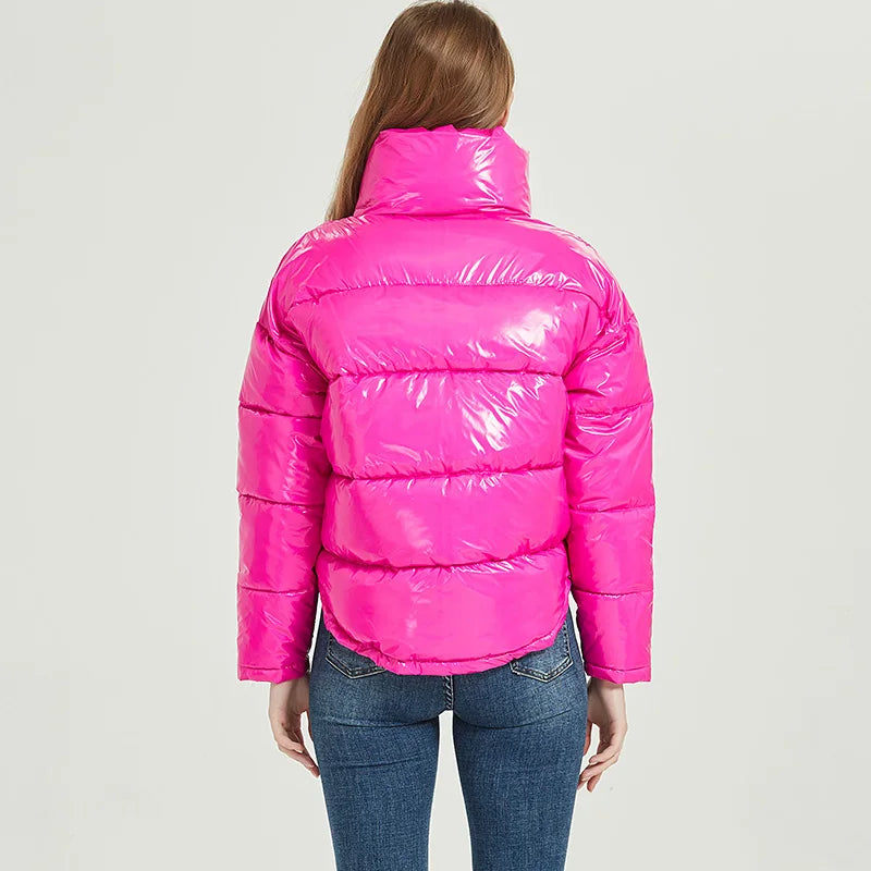 Glossy Hot Pink Women's Down Cotton Padded Waterproof Jacket