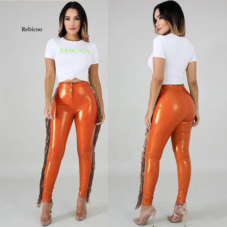 Tassel Design Solid Color Sequin Faux Leather Women's Skinny Pencil Pants