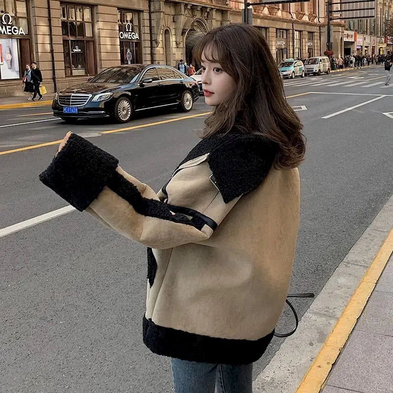 Patchwork Wool Vintage Women's Velvet Colorblock Short Coat