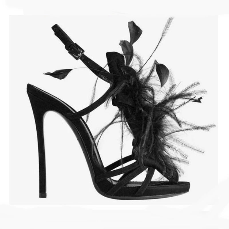 Feather Decor Real Leather Catwalk Stiletto Heel Open Toe Sandal Pumps