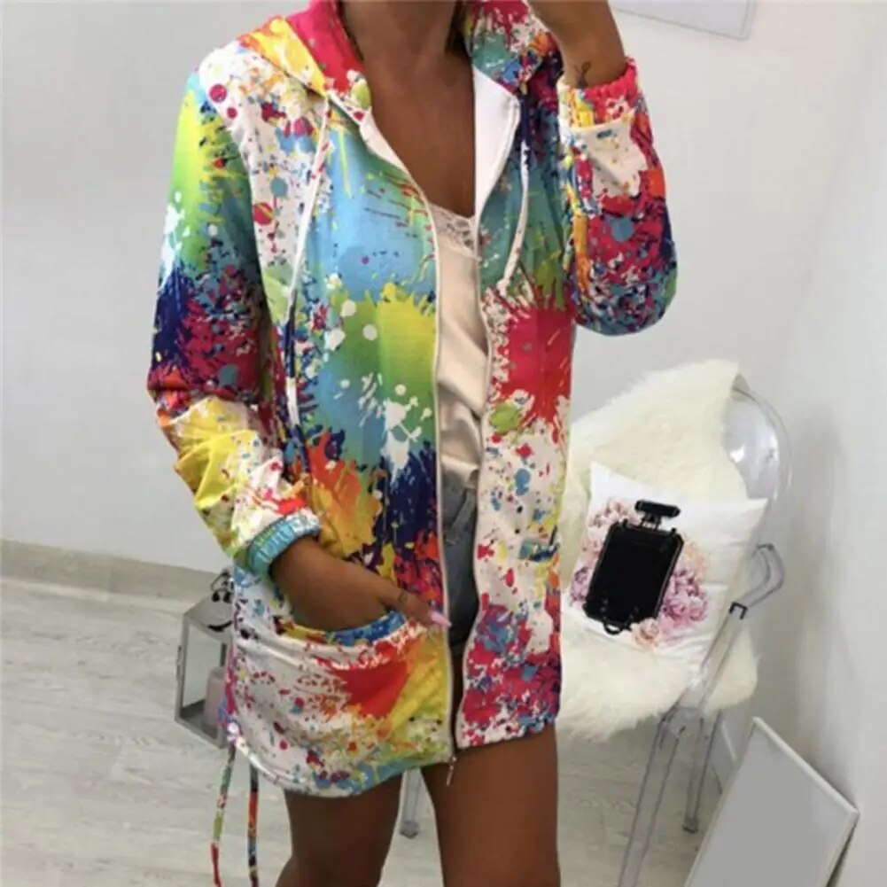 Graffiti Print Oversized Zipper Cardigan Women's Retro Sweatshirt