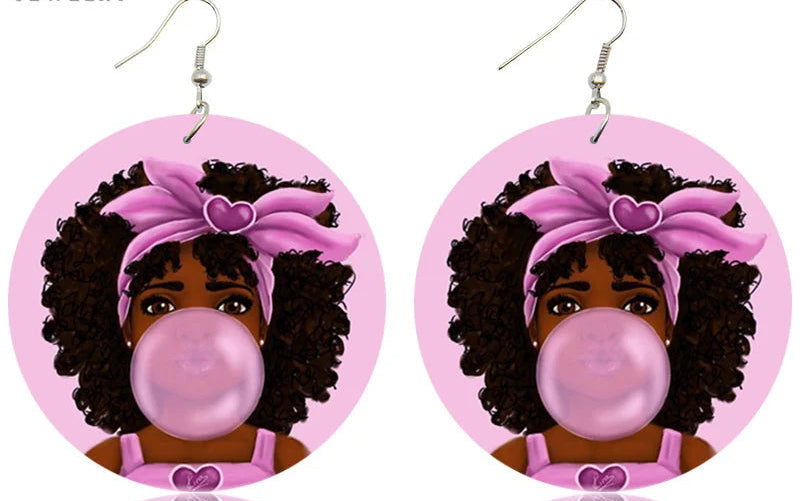 Pink Black Afro Woman Bubble Gum Print Wood Drop Earrings