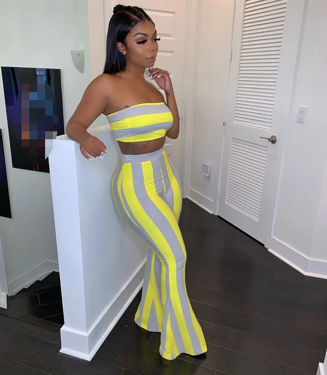 Sleeveless Striped Colorblock Tube Top+ Bodycon Flared Leggings Women's 2-Piece Set