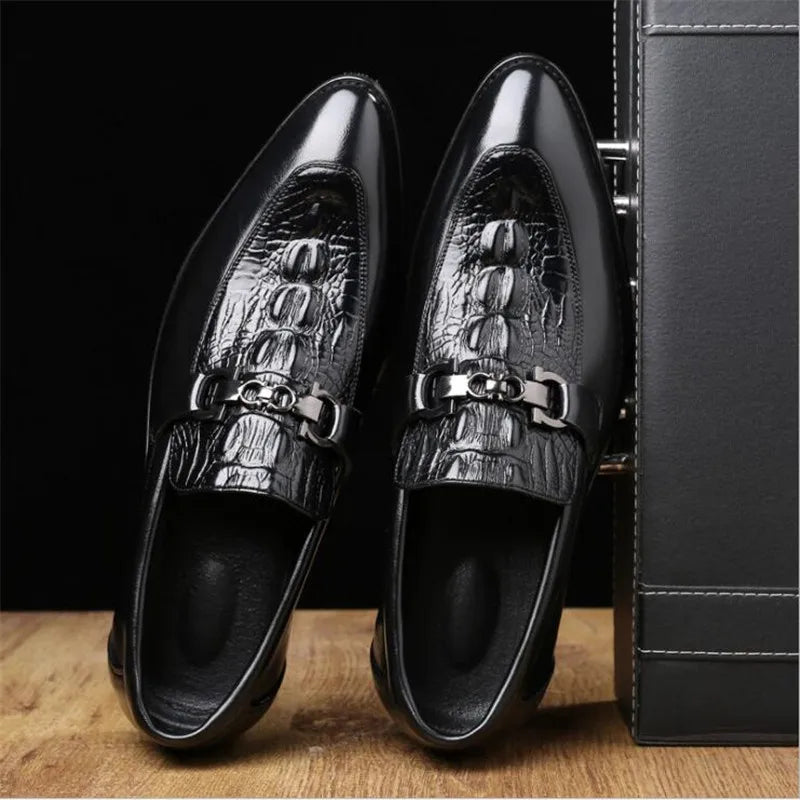 Crocodile Grain Leather Men's Business Slip-On Buckle Flat Loafers