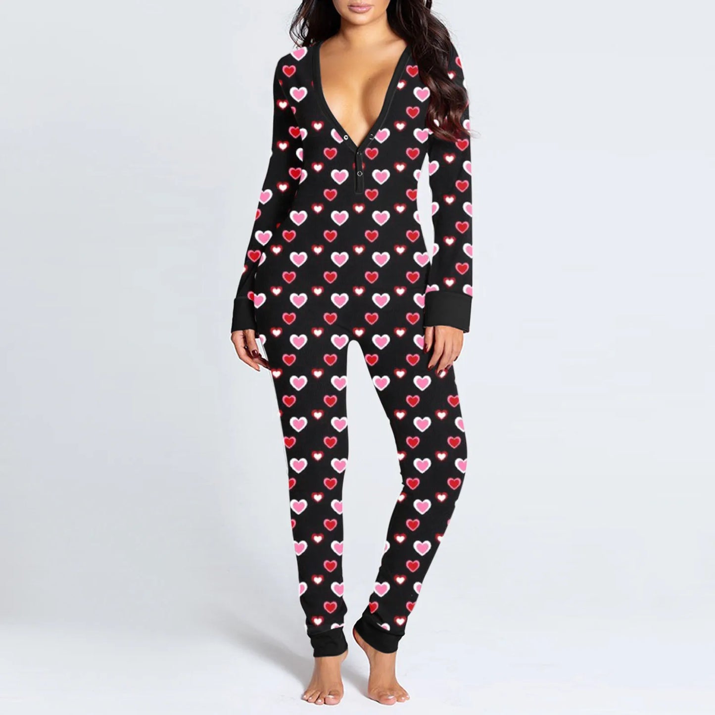 Women's Heart/Lip Print Long Sleeve One-Piece Button-Up Open Flap Back Onesie