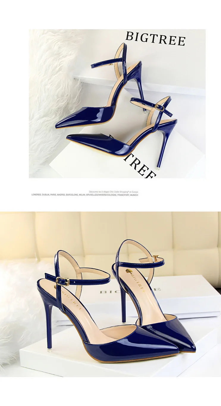 Patent Leather Stiletto Heel Buckle Strap Solid Color Sandal Pumps