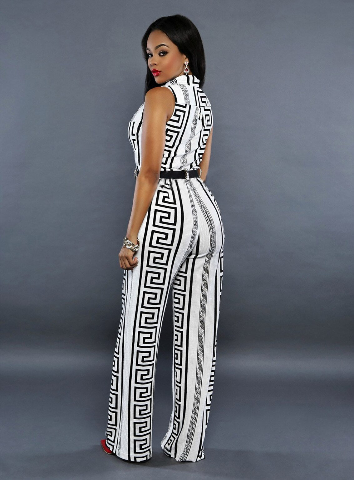 Geometric Black/White V-Neck Sleeveless Belted Jumpsuit