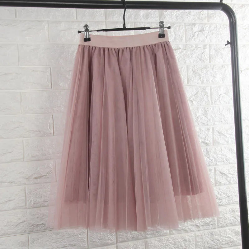 Mesh Elastic Waist Pleated Midi Tutu Skirt