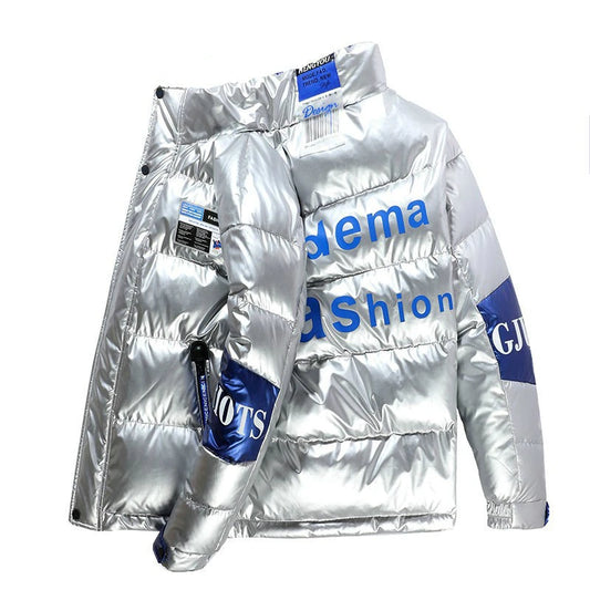 Detachable Hood Shiny Waterproof Men's Metallic Letter Print Stand Collar Puffer Bomber Jacket to 4X