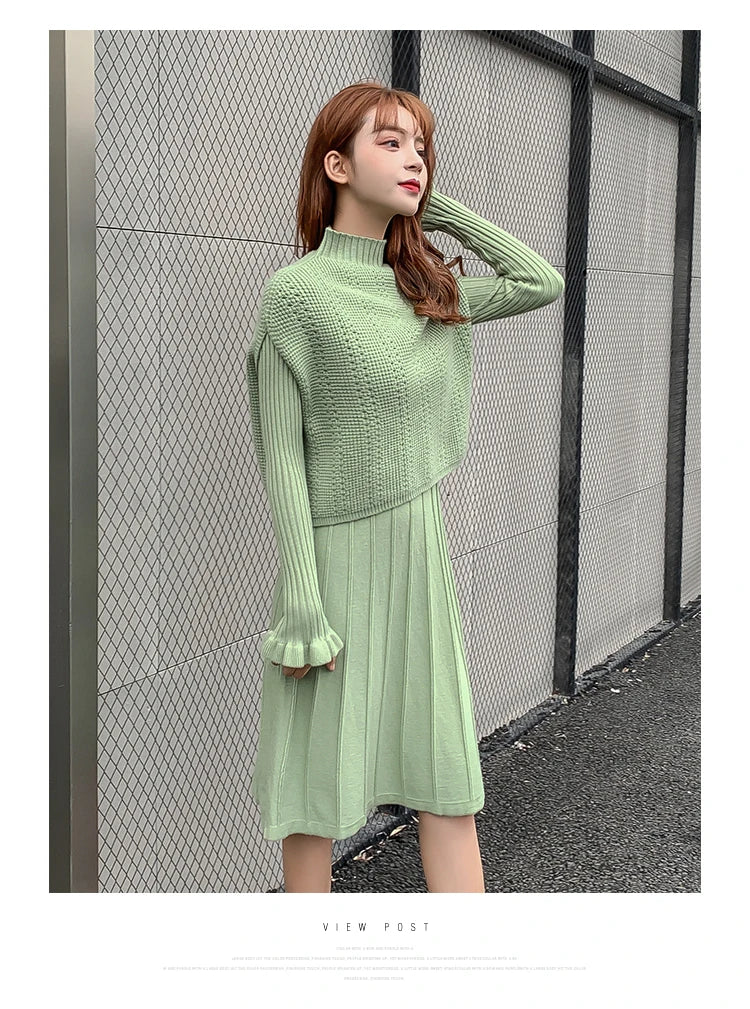 Solid Long Sleeve Pullover Sweater + Knitted Pleated Midi Skirt 2-Piece Set