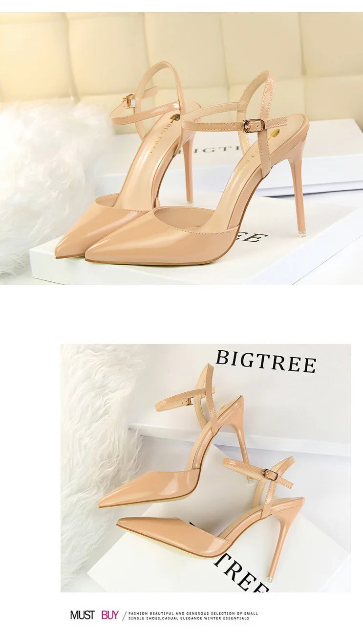 Patent Leather Stiletto Heel Buckle Strap Solid Color Sandal Pumps