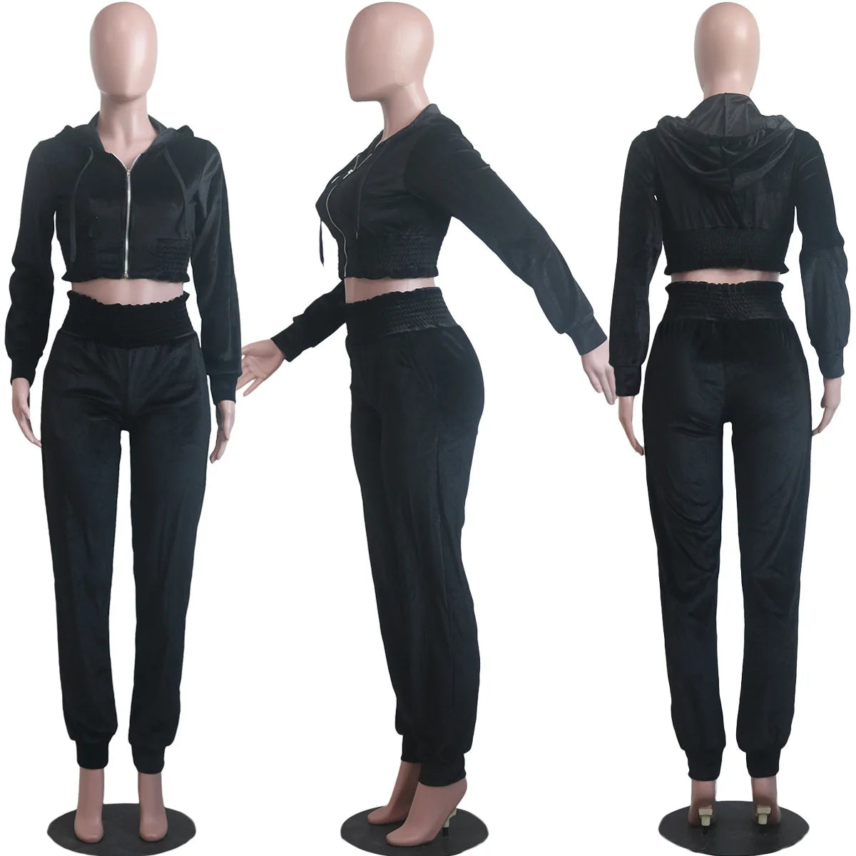 Cropped Long Sleeve Velvet Zipper Hoodie Jacket + Matching Sweatpants Women's Tracksuit