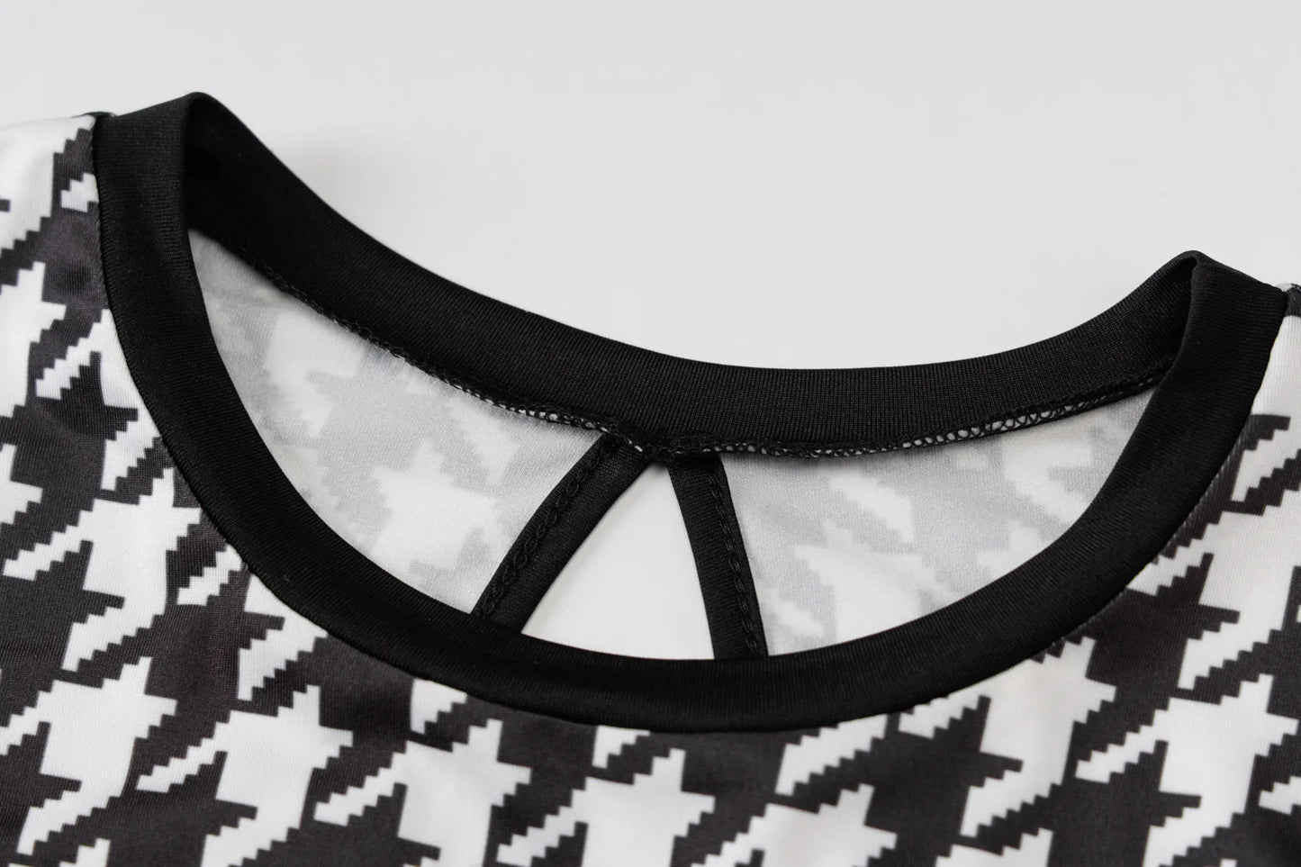 Black/White Houndstooth Print Long Sleeve Bodycon Streetwear Midi Dress