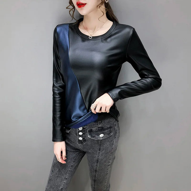 PU Leather O-Neck Colorblock/Solid Velvet Lined Long Sleeve Patchwork Elastic Women's Shirt to 4X Plus Size