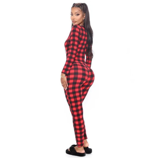 Plaid Elastic Long Sleeve V-Neck Button Jumpsuit