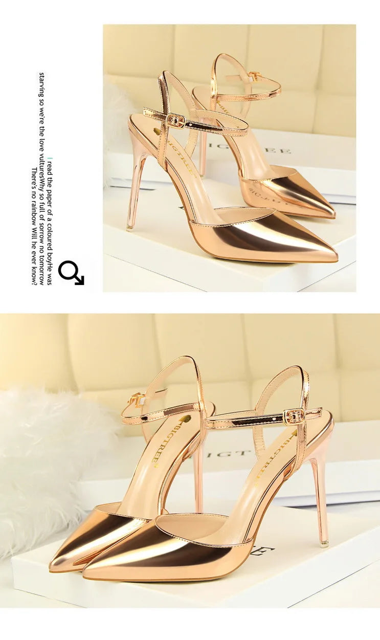 Patent Leather Stiletto Heel Buckle Strap Solid Color Sandal Pumps